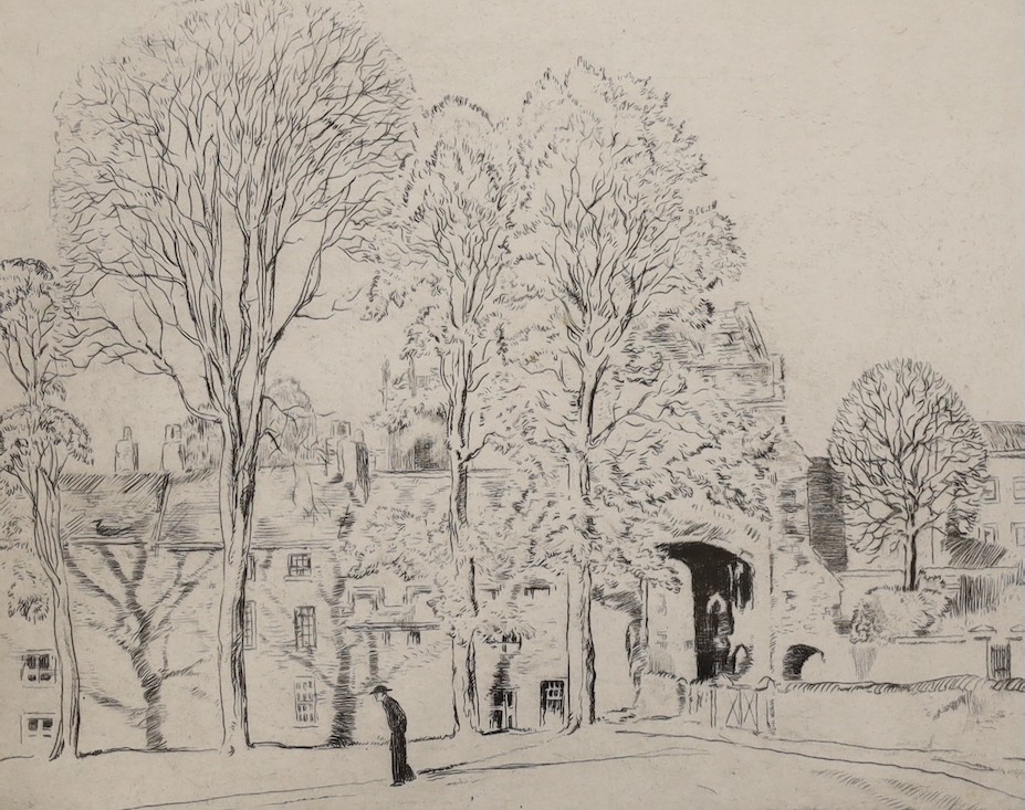 Frank Lewis Emanuel (1866-1948), pencil drawing, Richmond Street scene, signed, 18 x 16.5cm and a Frederick Carter (1863-1947), etching. 'The Dean's Eye Gate, Wells', signed, 4/30, 19 x 24cm